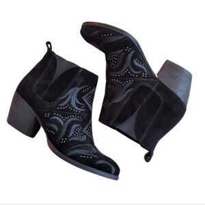 Fergie Lexy Black Silver Embroidered Beaded Heeled Ankle Boots, Size 8.5M